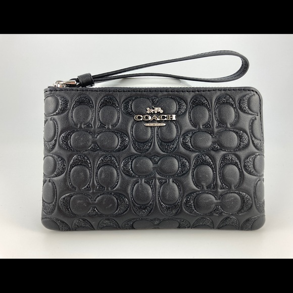 Coach Handbags - Coach Wristlet Black Signature Leather Sparkle Logo